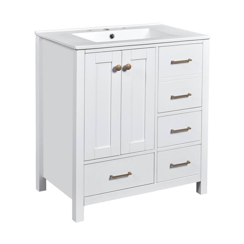 24'' Freestanding Bathroom Vanity in White with White Integrated Ceramic Sink - 30'' x 18.3'' x 33.8''