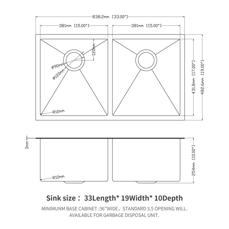 33 inch Gunmetal Black Double Bowl(50/50) Undermount Sink - 33x19x10 inch