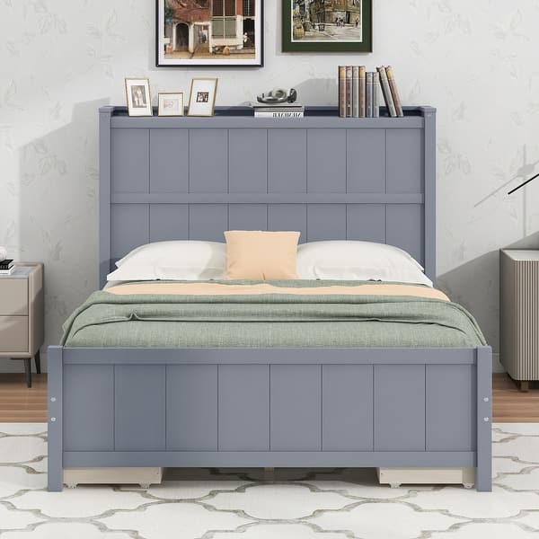 slide 2 of 19, Full Size Platform Bed with Drawers and Storage Shelves Grey