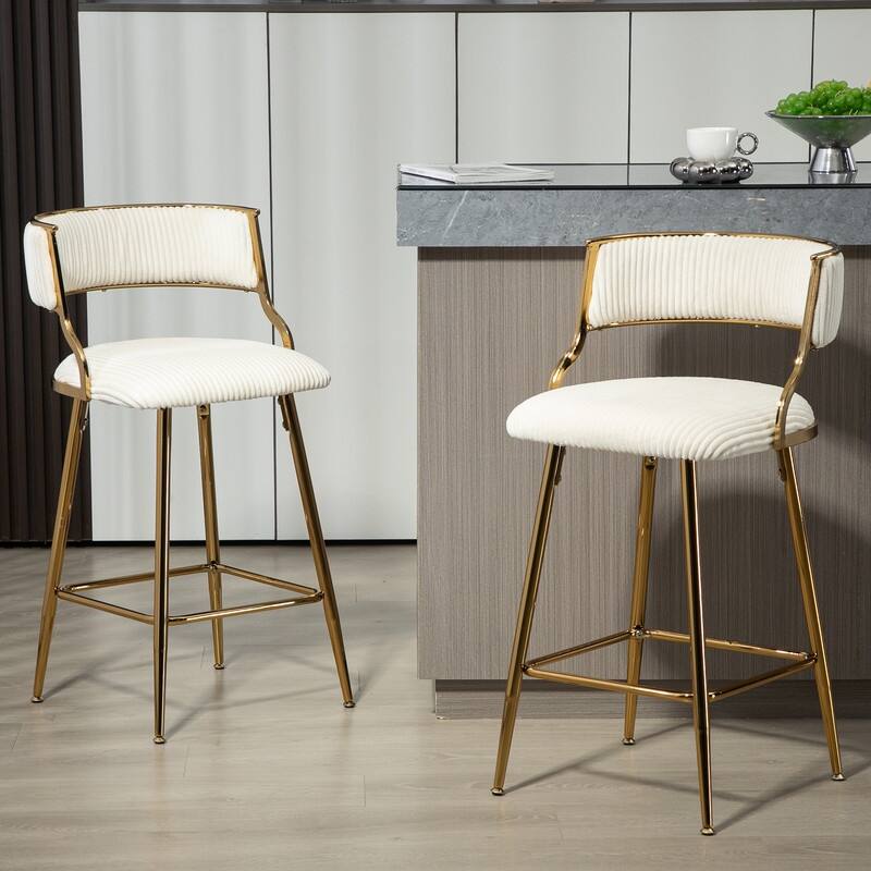 (SET of 2) 26'' Counter height bar stools Corduroy kitchen island counter bar stool with back,golden chromed base and footrest