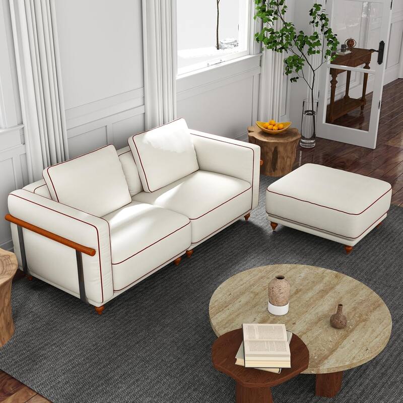 Deep Seat Chenille Chaise Sectional Sofa with Down-Filled, Removable Sofa Cover, Solid Wood Armrests and Stainless Steel Frame