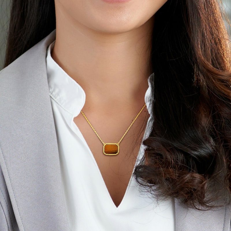 Miadora 5ct TGW Octagon Shape Tiger Eye Necklace Beaded Halo Yellow Silver