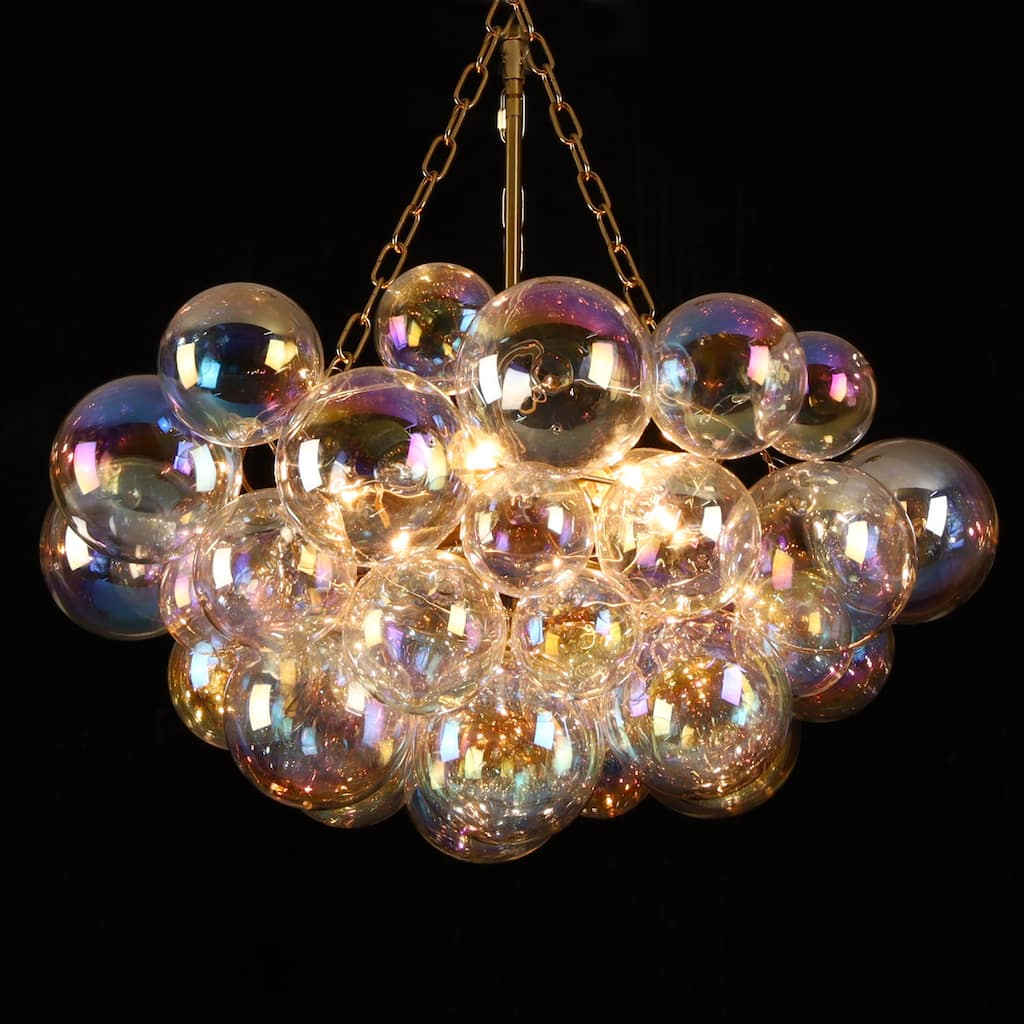 Starsky 6-Light lridescent Bubble Glass Globe chandelier, Hand-Blown Colorful cluster Light, Adjustable Height, Gold or Nickel