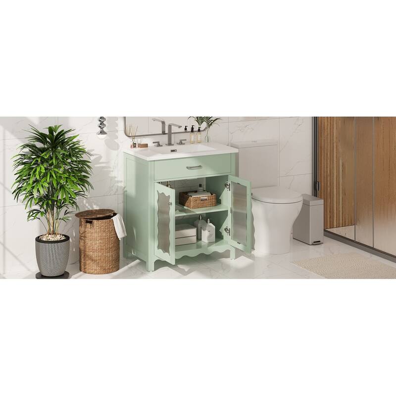 Roomfitters 31" Bathroom Vanity with Tempered Glass, Modern Cabinet with Rubber Wood Legs and Soft-Close Doors