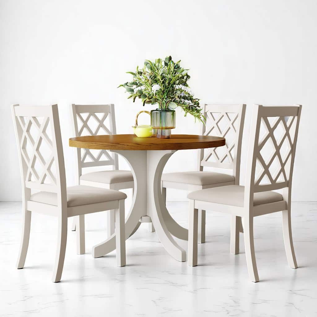 Round 42" Dining Table Set for 4, Solid Wood Mid-Century Kitchen Table with Beige Cushioned Chairs