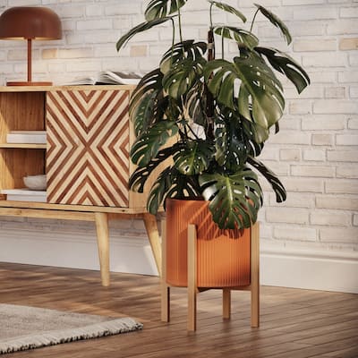 Fluted Metal Planter Pot With 4-Leg Wood Base - Terracotta Color