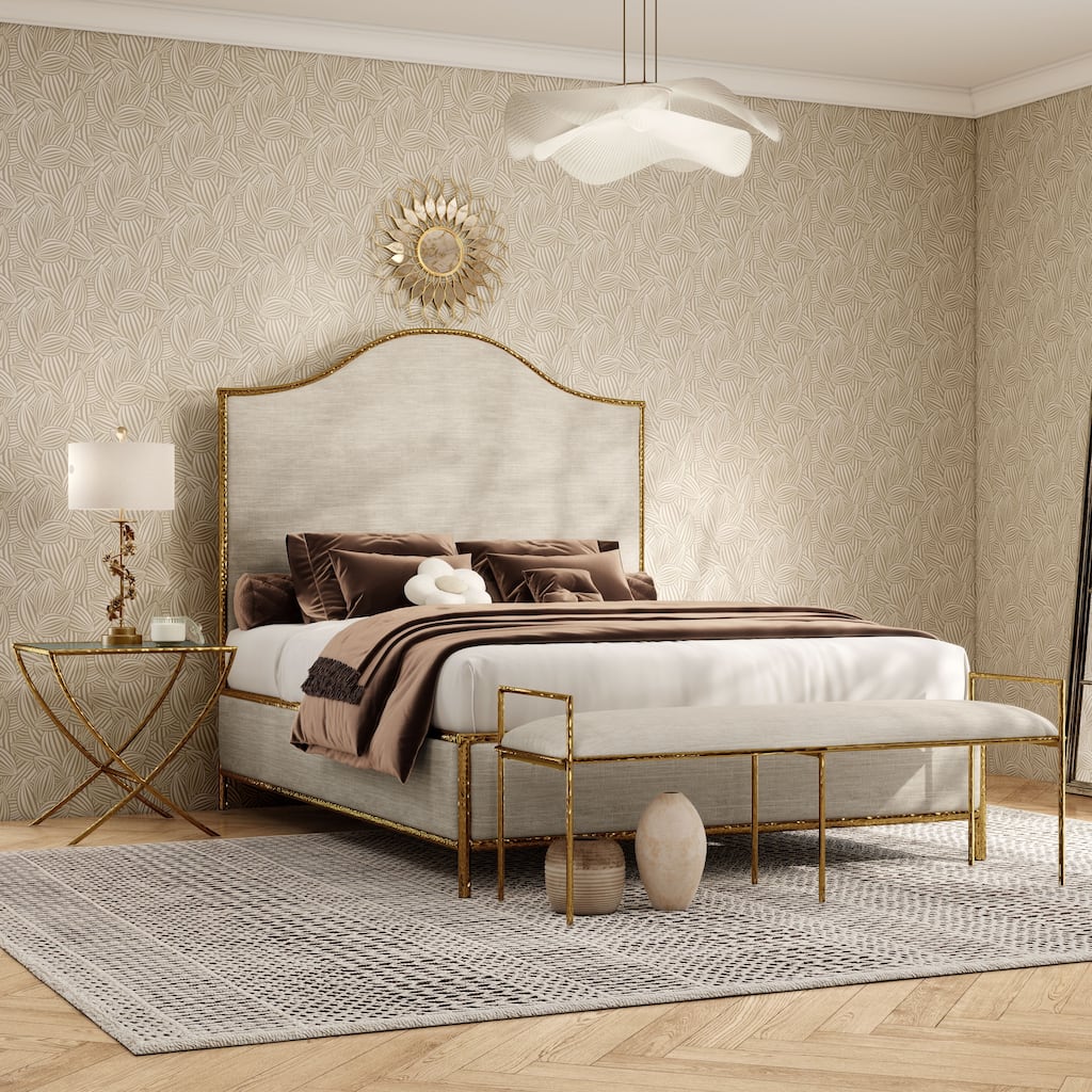 Furniture of America Zayen Modern 3-Piece Upholstered Queen Size Hammered Metal Camelback Bedroom Set with Nightstand and Bench