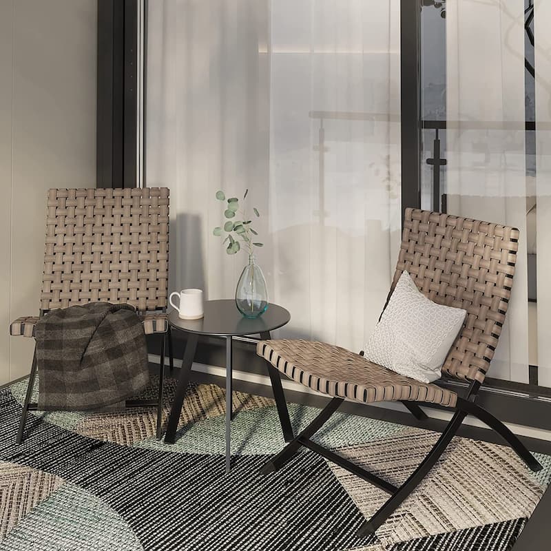 3 Piece Rattan Patio Set Furniture Foldable Wicker Lounger Chairs and Coffee Table Set For Outdoor Backyard Lawn Balcony - Tobacco Brown