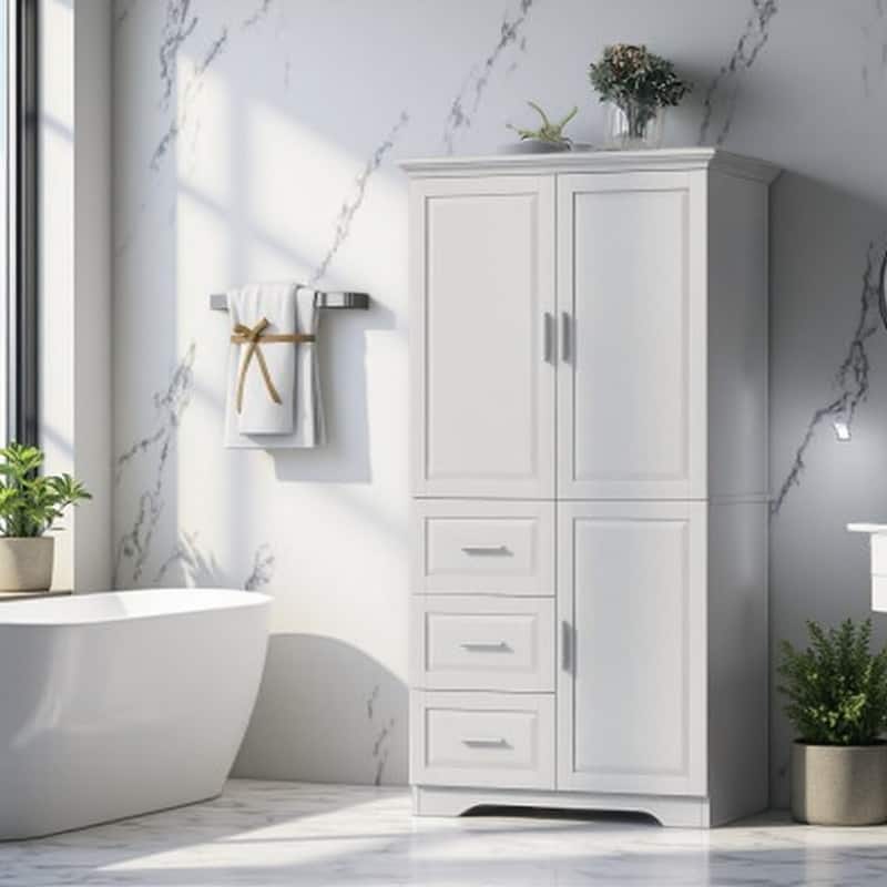 Tall Freestanding Bathroom Storage Cabinet with Doors & 3 Drawers, Large White Organizer Unit with Adjustable Shelves