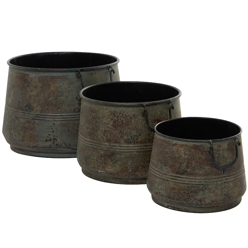 Metal Distressed Bucket Style Planter with Side Ring Handles - Set of 3 Bronze - Roche River Decor - 16"Wx16"Lx11"H
