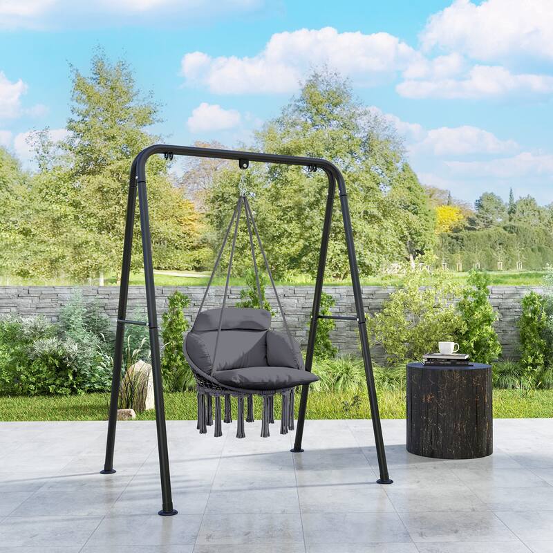 Cotton Blend Hammock Chair with Steel Frame and Comfy Cushion Fringe for Patio or Living Room - 31.5" W x 23.6" D x 15.7" H