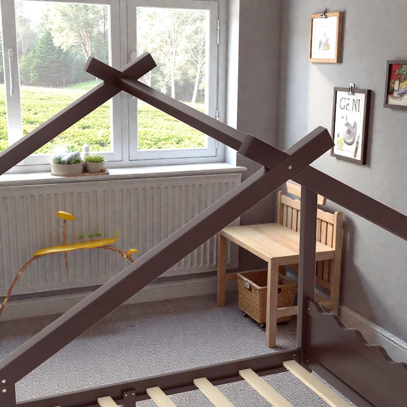 Kids Solid Wood House Floor Bed with Support Slats, Montessori Low Profile Bed, No Box Spring Needed