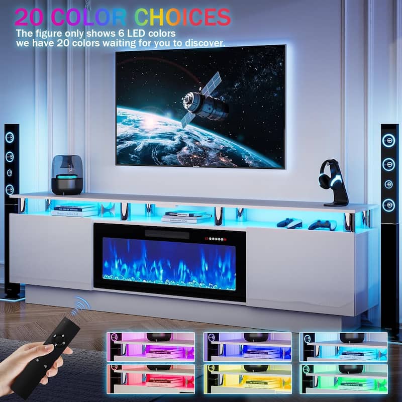 BOSSIN Modern 80" TV Stand with 36" Fireplace & LED Lights for TVs Up to 90", White with Golden Pillars, Storage Cabinets