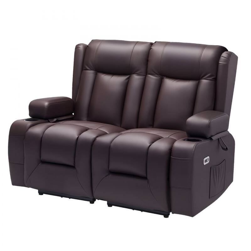 Brown PU Leather Electric Recliner Loveseat with Massage, Heat and USB Ports - 54.5 x 36.2 x 40.9 in