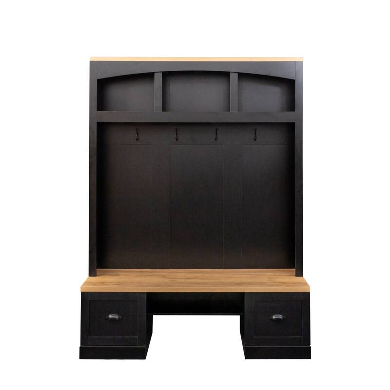 Farmhouse Hall Tree with Wood Grain Bench, Hooks and Bottom Cabinets