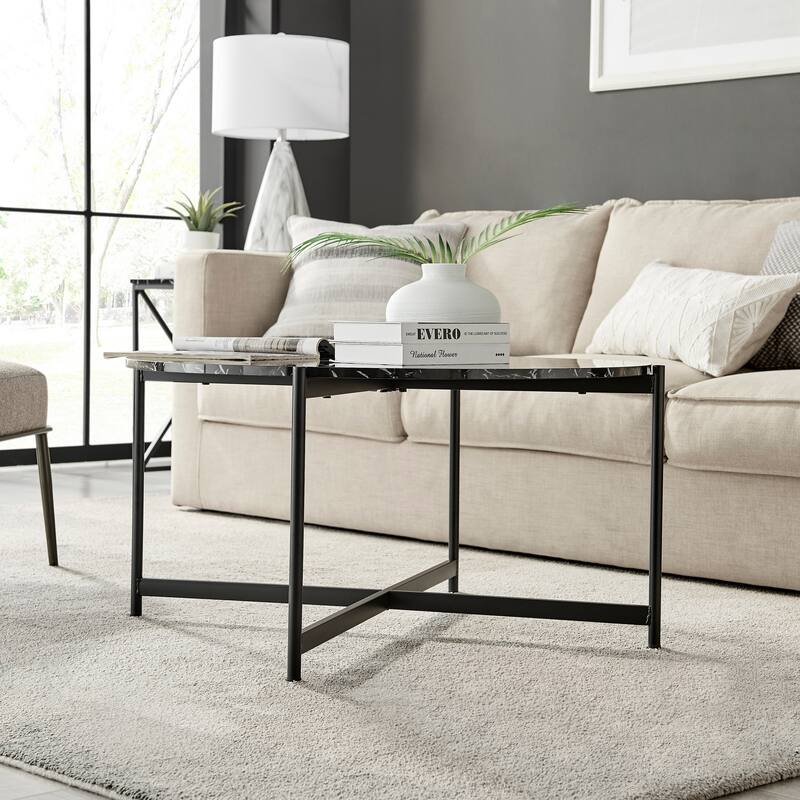 Round Contemporary Marble Finish Veneer Top Black Metal Large Coffee Table