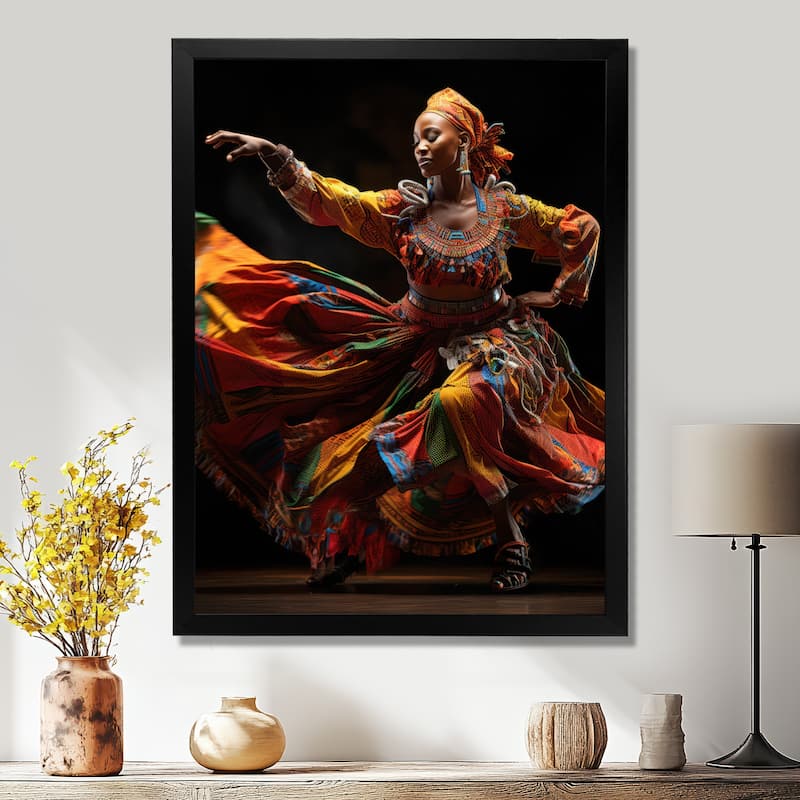 Designart "African Tribal Dance V" African American Art Framed Wall Decor - 30 in. wide x 40 in. high - Black
