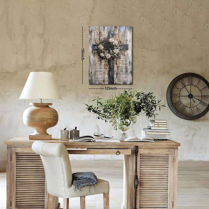 Vintage Cross Christian Wall Art, White Rose Wreath Canvas Paintings