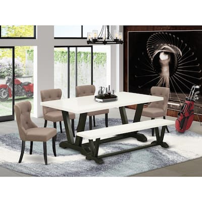 Luxury 6-Piece Kitchen Dining Set - Linen Fabric Chairs & Wooden Bench - Rectangular Table