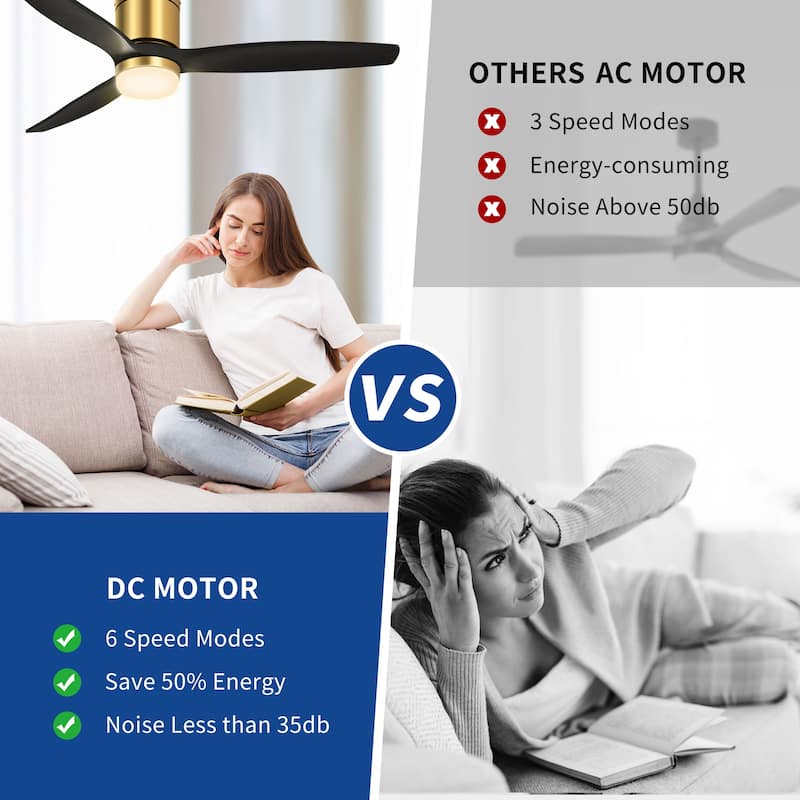 Moasis 52 Inch Low Profile Flush Mount Wood Blades Ceiling Fan with LED Light and Remote