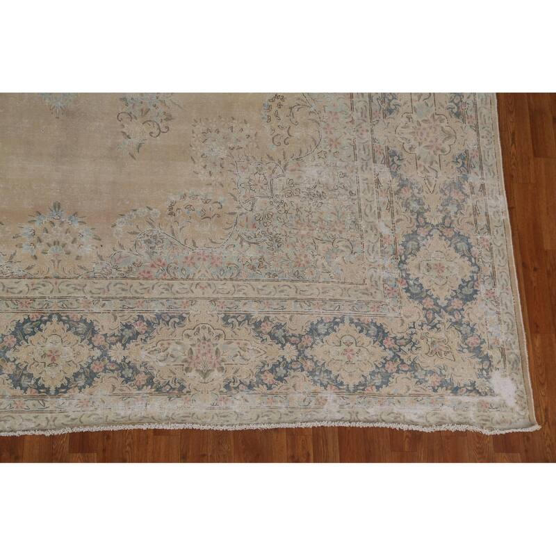 Distressed Floral Kerman Persian Area Rug Hand-knotted Wool Carpet - 10'1" x 14'1"