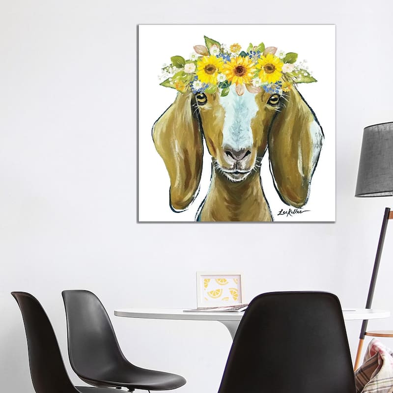 iCanvas "Madge The Goat With Sunflowers Flower Crown" by Hippie Hound Studios Canvas Print - 37x37x1.5