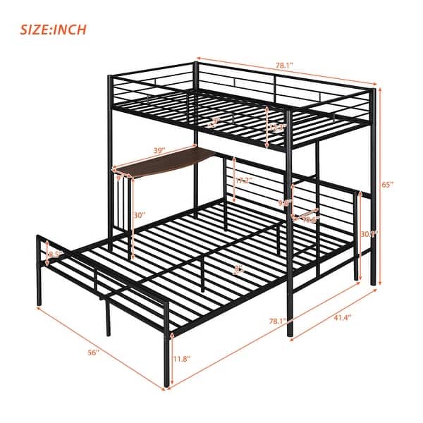 Metallic Black Twin over Full Metal Bunk Bed with Desk, Ladder and Quality Slats for Bedroom, 78.1''L*41.4''W*65''H, 103LBS