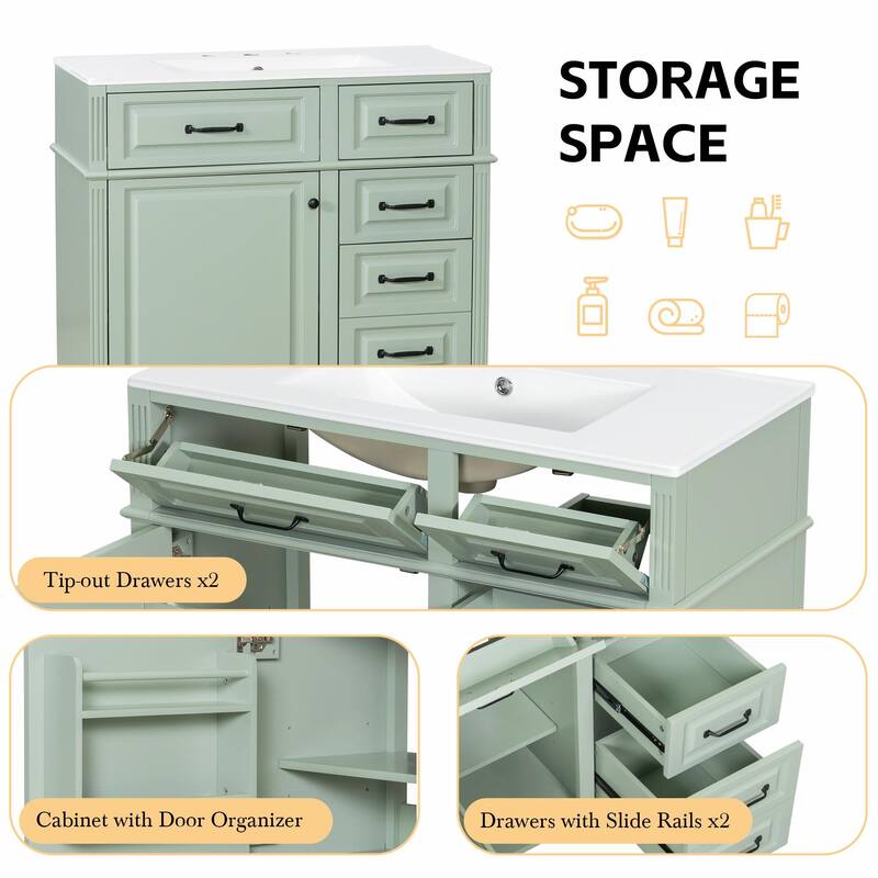 36-Inch Bathroom Vanity with Ceramic Sink Top, Solid Wood Frame and MDF Cabinet