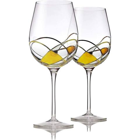 Set of 2 Red Wine Glasses with Gold Design - 28 oz