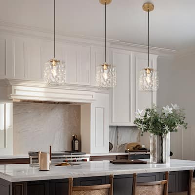 Modern 1-Light Stain Gold Textured Glass Pendant Light Fixture Rectangular Shade Kitchen Island Light for Dining Room