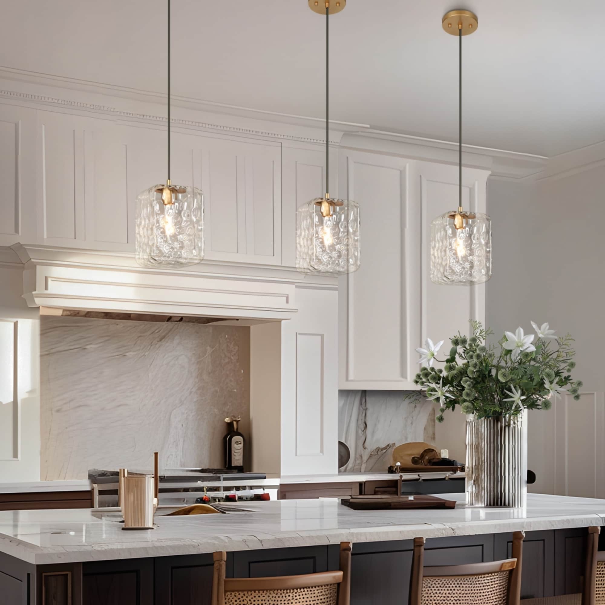 Modern 1-Light Black Gold Pendant Light Fixture Textured Glass Rectangular Shade Kitchen Island Light for Dining Room