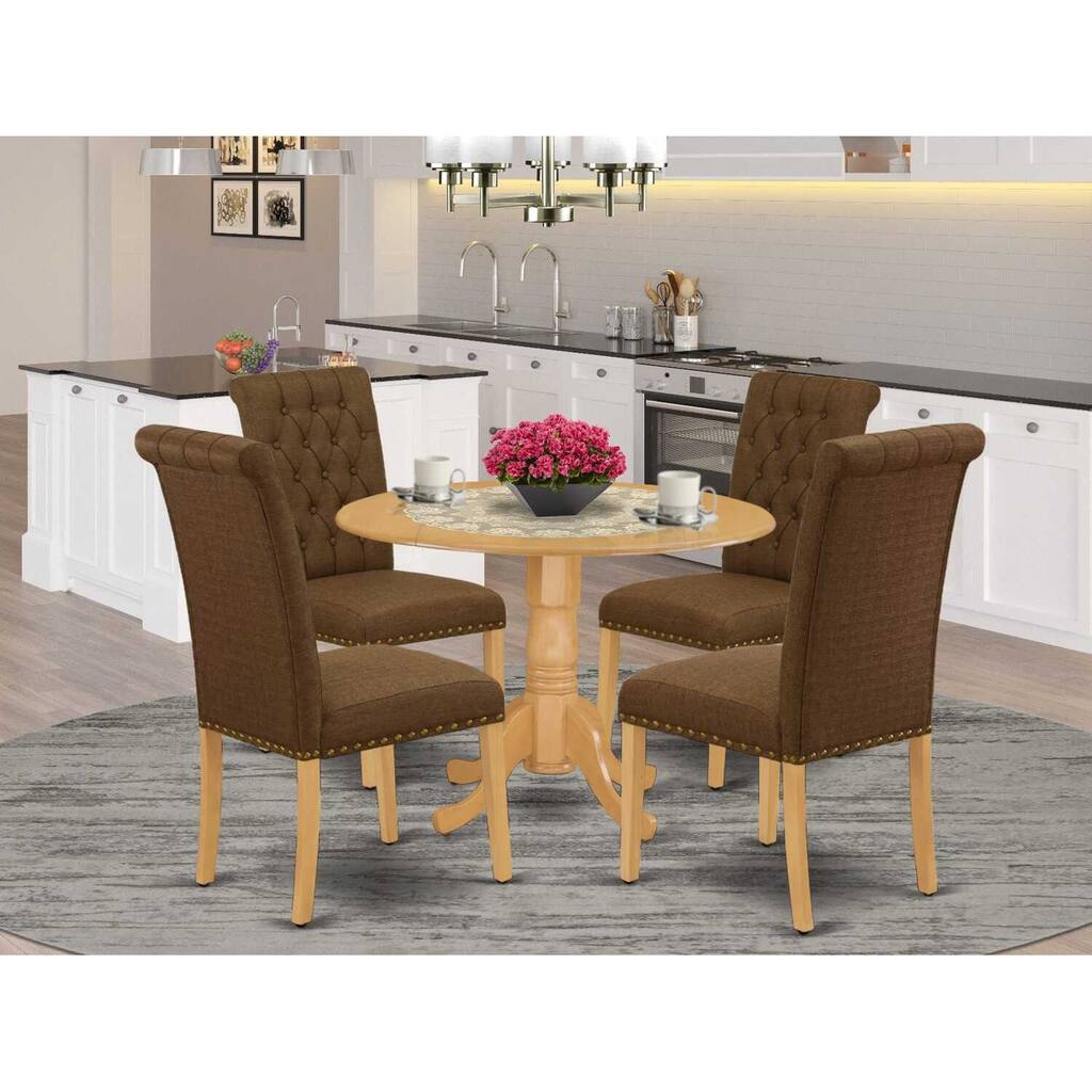 HomeStock 5-Piece Round Natural Oak Finish Solid Wood Top Dining Table with 4-Parson Chair with Drop Leaf Lattice Back