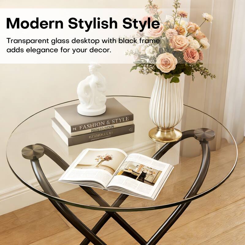 Tempered Glass Round Side/End Table with Metal Legs - 19.7"Dia Top x 21.7"H x 15.6"Dia Base