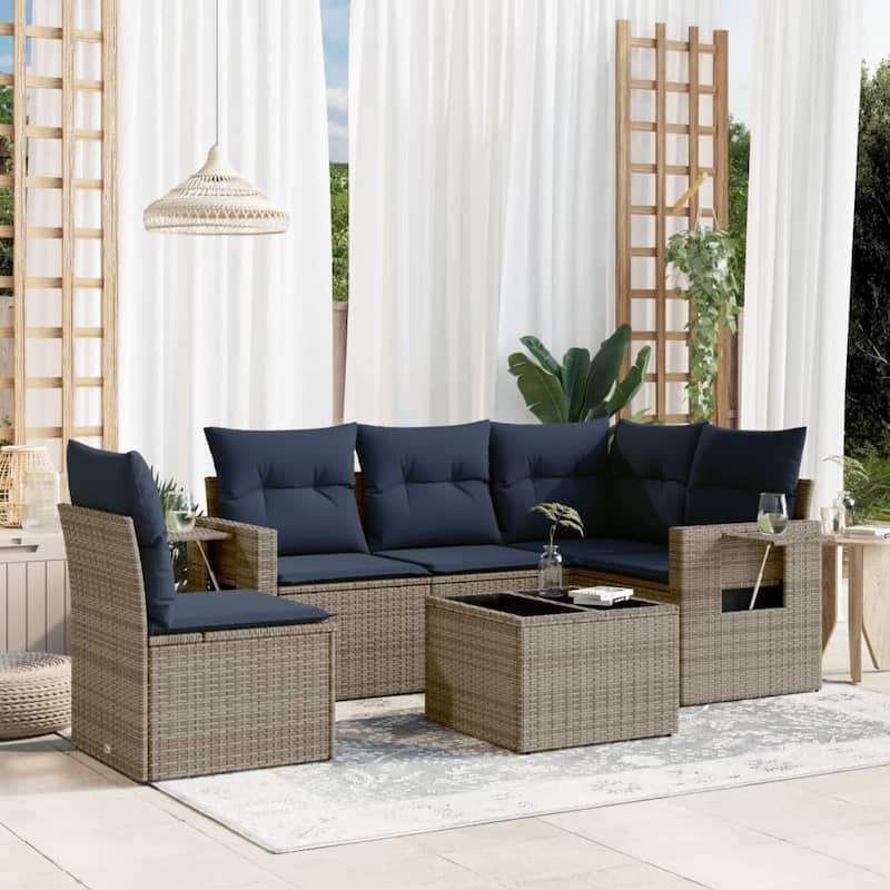 vidaXL Patio Sofa Set with Cushions Outdoor Conversation Furniture Poly Rattan - 24.4 x 24.4 x 27.2 - Grey and Blue-With table