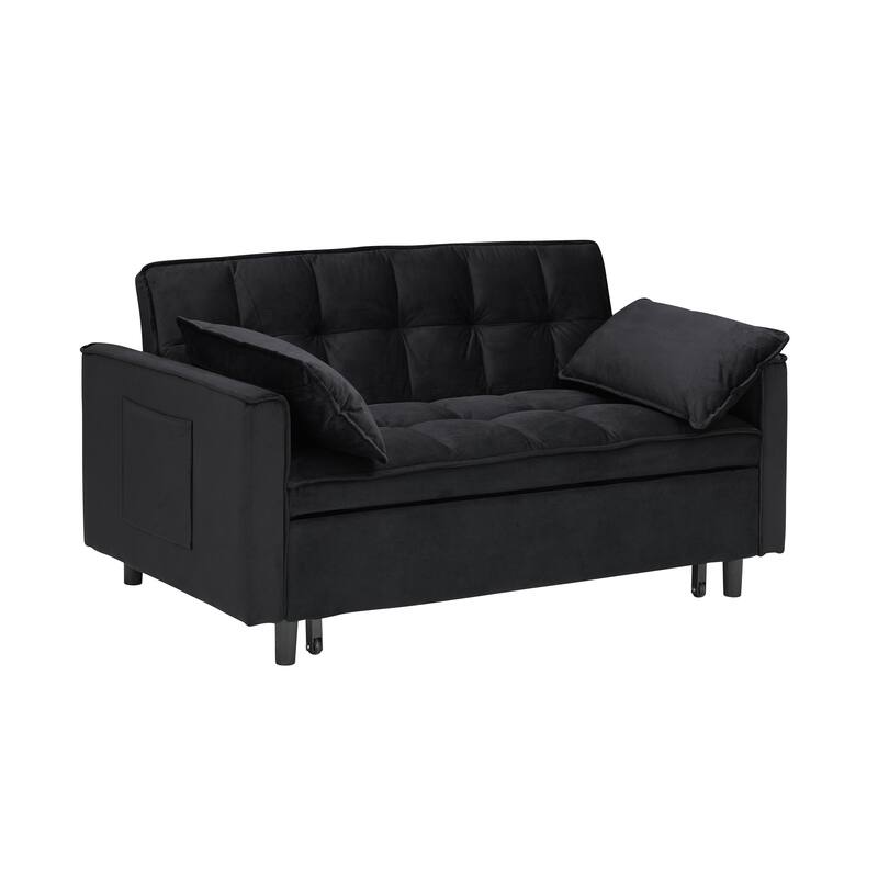 Modern 3 in 1 Convertible Black Velvet Sofa Bed with Pillow