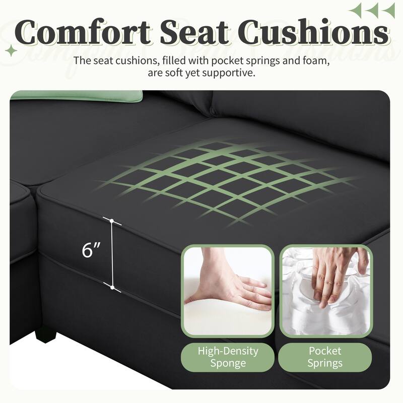 112x87" 7-Seat Modular Sectional Sofa w/ Ottoman, L Shape Fabric Corner Couch Set, Black, 3 Pillows