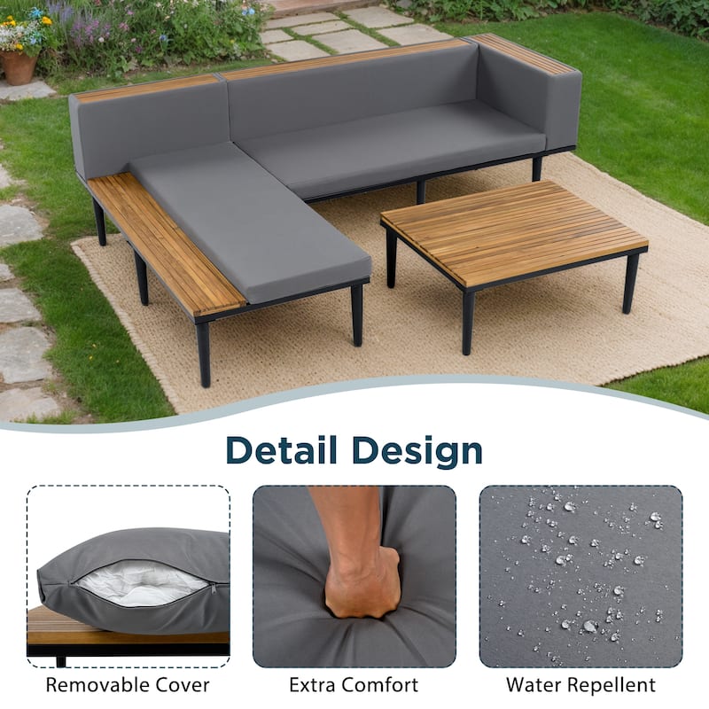 Roomfitters L-Shaped Outdoor Sectional Sofa Set with Built-in Wood Side Tables and Coffee Table, Patio Conversation Set
