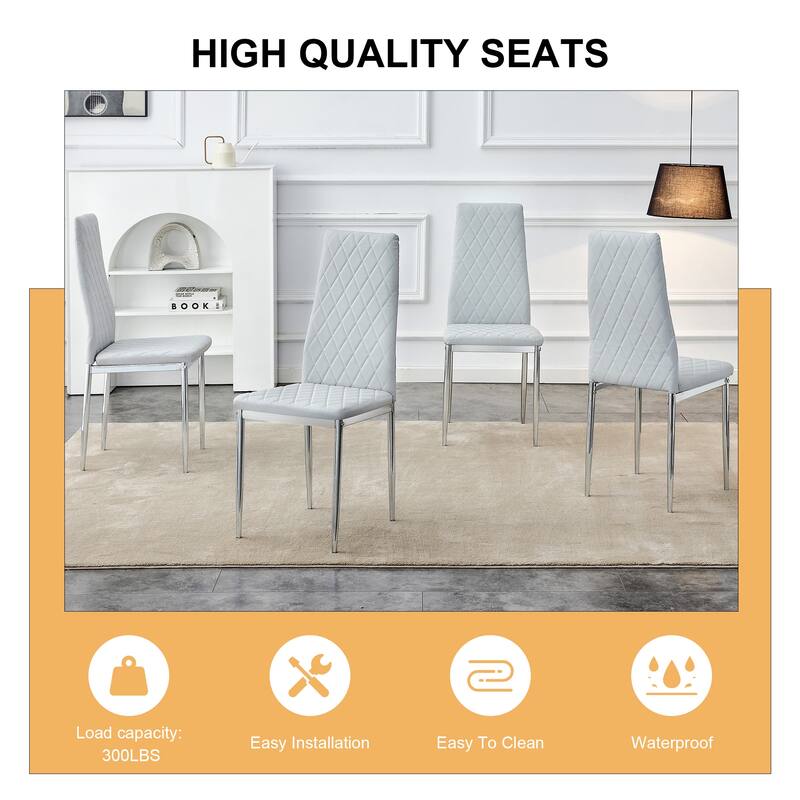 Leather Dining Table Chair Set of 6, High Back Dining Chair, Grid Armless Lounge Chair, Office Chair with C-Shaped Metal Legs