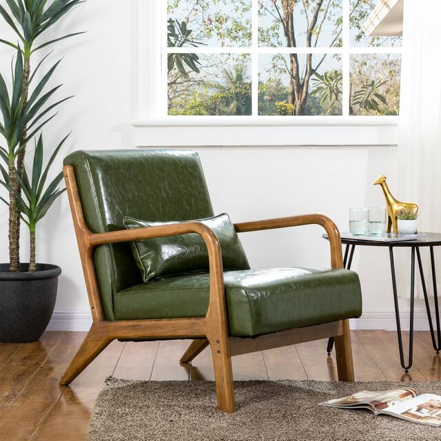 Glitzhome 30"H Mid-Century Modern PU Leather Accent Armchair with Rubberwood Frame - Green