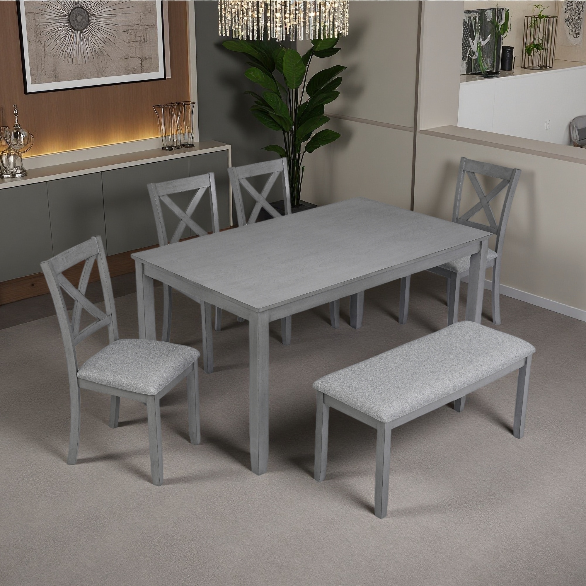 6-Piece Kitchen Dining Set - Rectangular Wooden Table with 4 Upholstered Chairs & 1 Bench for 6 People