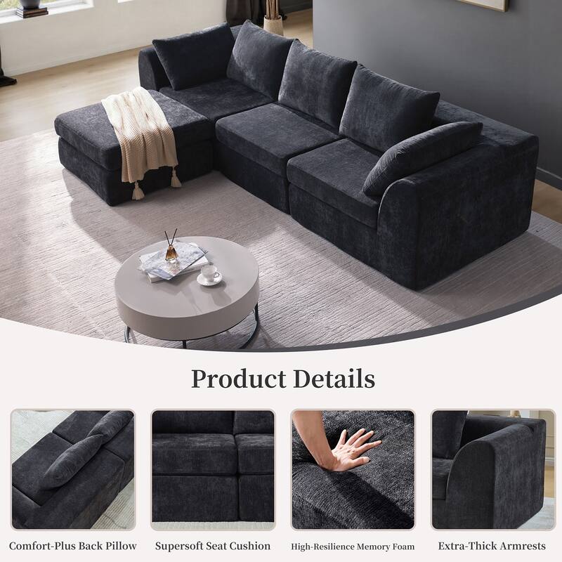 118 inch Oversized 3 Seater Deep Seat L-Shaped Sectional Couches Cloud Chenille Modular Boneless Sofa with Movable Ottoman