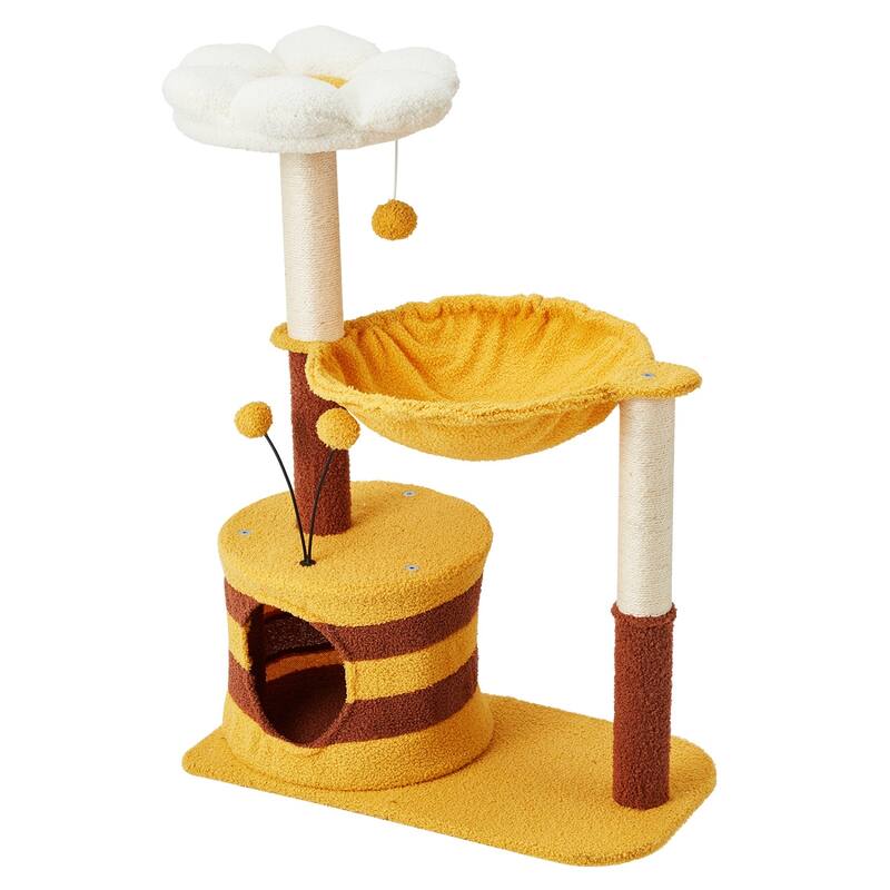 EROMMY 14.6 in Flower Cat Tree with Well-padded Perch, Cat Tower with Sisal Scratching Posts and Interactive Toys, Yellow