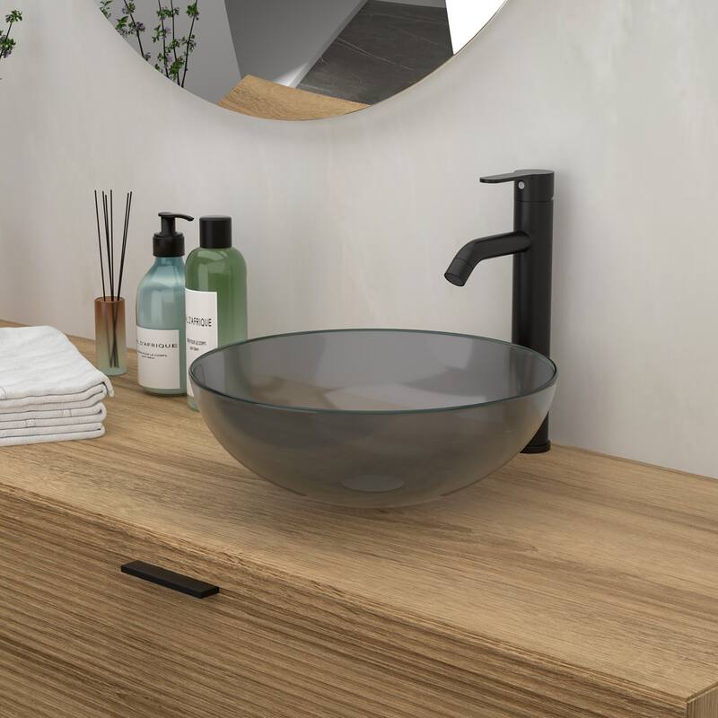 16 Inch Tempered Glass Bathroom Sink in Grey with Pop-up Drain