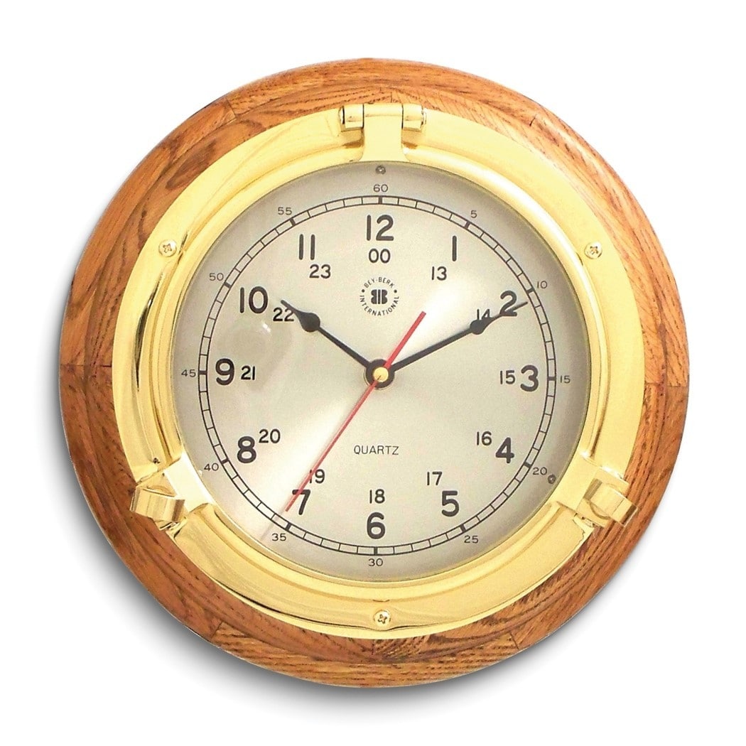 Curata Oak Wood Lacquered Brass Porthole Quartz Clock with
