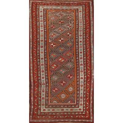 Hand Knotted Oriental 100% Wool Carpet Traditional Geometric Oranges & Rust Kazak Runner Rug - 8' 6'' X 3' 8''