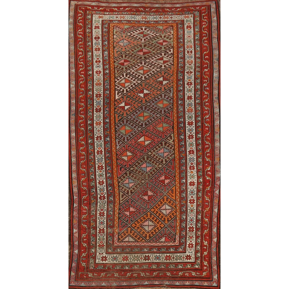 Hand Knotted Oriental 100% Wool Carpet Traditional Geometric Oranges & Rust Kazak Runner Rug - 8' 6'' X 3' 8''