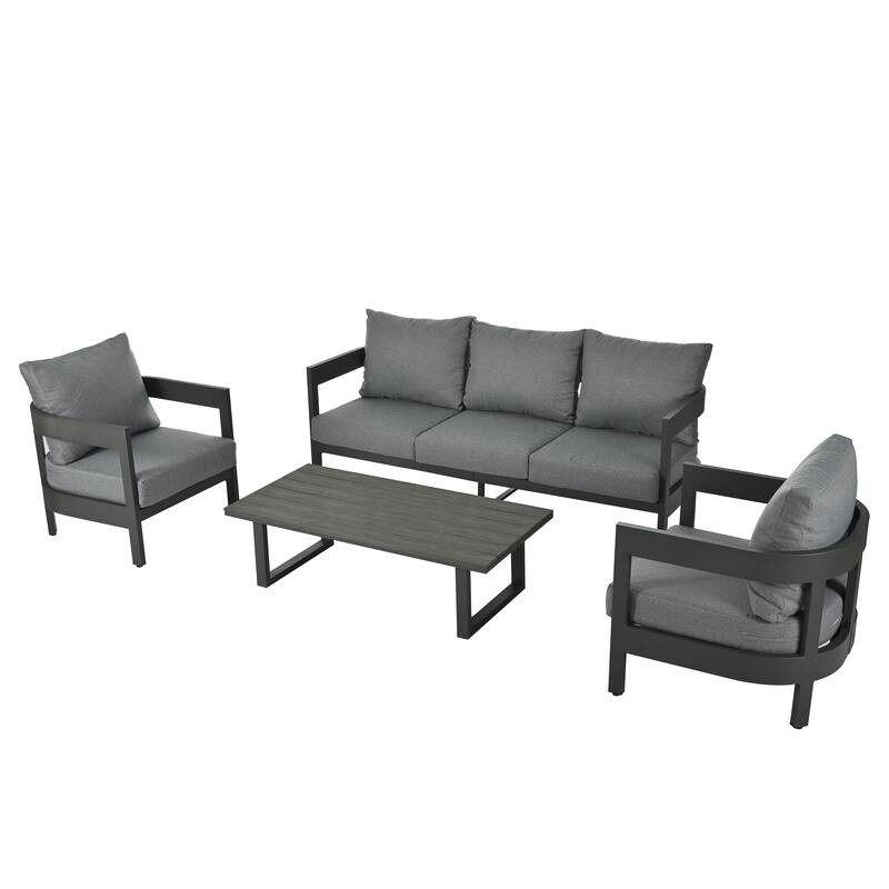 4 Piece Iron Patio Conversation Furniture Set with 3 Seater Sofa, 2 Single Chairs and Coffee Table