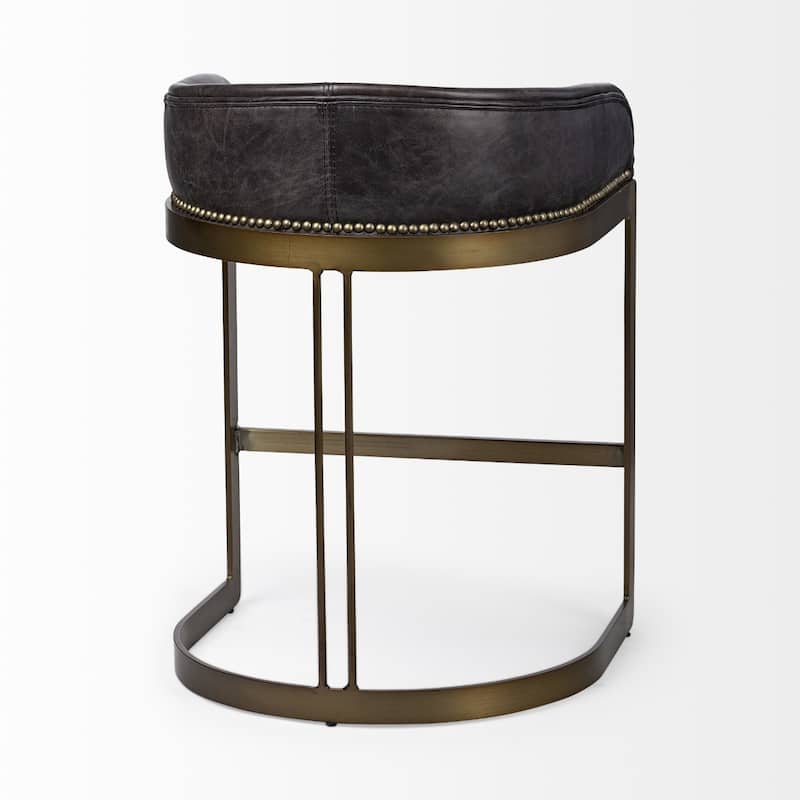 29" Black Genuine Leather Bar Stool with Gold Metal Frame, Footrest, and Contemporary Low Back Design - 29”H x 19.75”W x 20.5”D