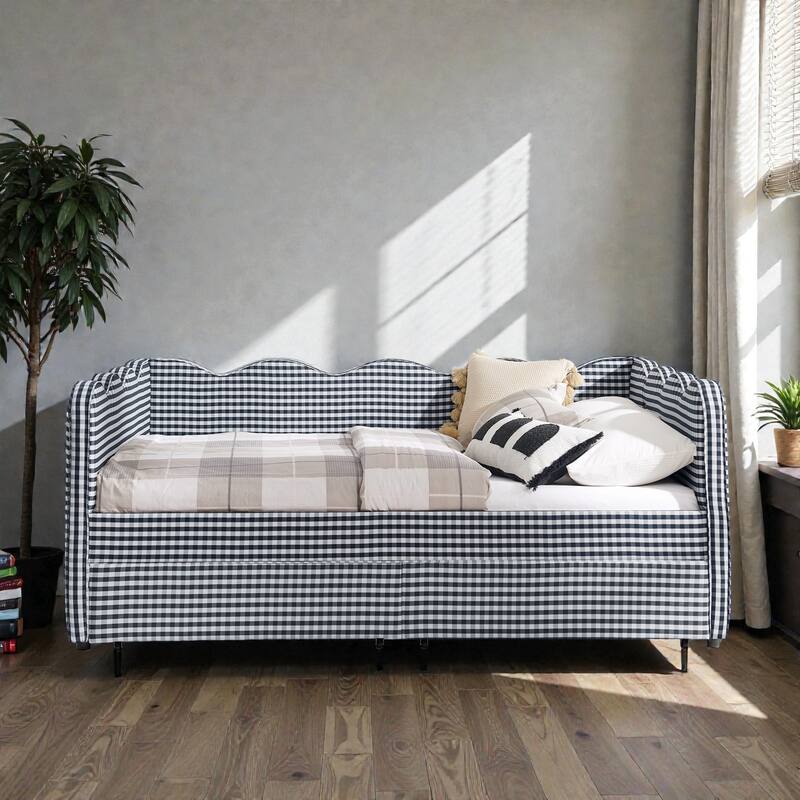 Full Size Gingham Upholstered Daybed with USB Port, Two Storage Drawers and Wave Shaped Design