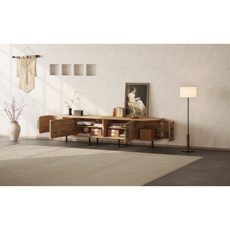 70" Modern TV Stand with Rattan Doors for TVs up to 80", Media Console with Storage Space & Cable Holes, Entertainment Center